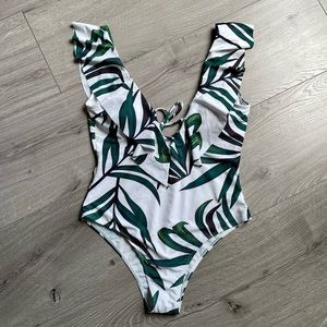 NWOT ZAFUL Leaf Print Ruffle Plunging Swimsuit